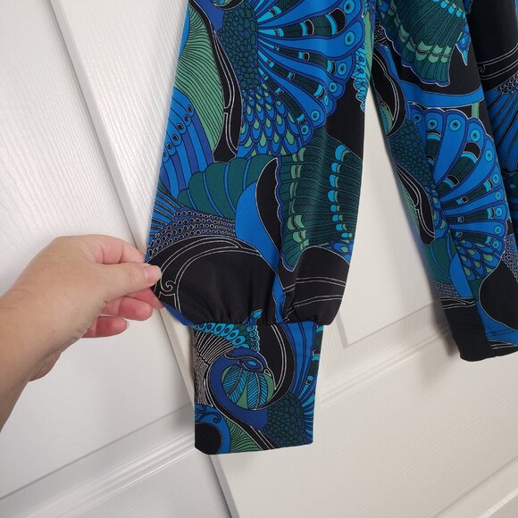 Chicos Colorful Blue Peacock Square Boat Neck Popover Blouse Chicos 2 US Size L - Picture 4 of 7